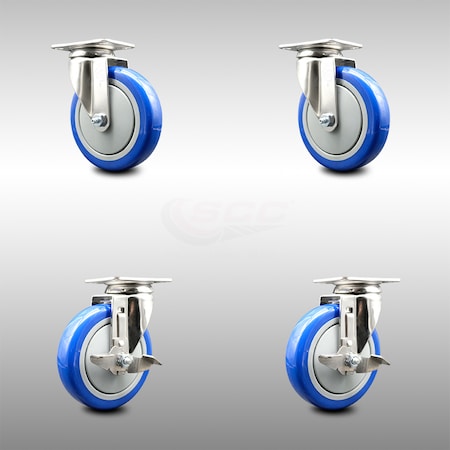Service Caster 5 Inch 316SS Blue Polyurethane Wheel Swivel Top Plate Caster Brakes SCC, 2PK SCC-SS31620S514-PPUB-BLUE-2-TLB-2